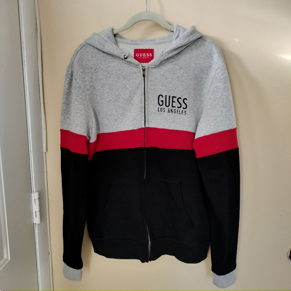 Guess Los Angeles Red Gray Black Full Zip Sweatshirt Hoodie L Streetwear